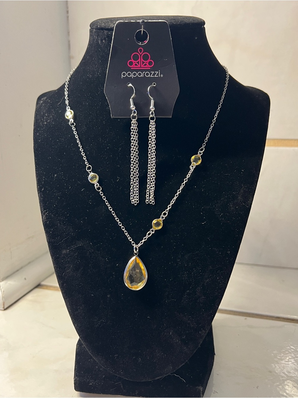 Paparazzi Silver Necklace and Drop Earrings with Yellow Teardrop Stones